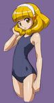  blonde_hair hairband kise_yayoi looking_at_viewer one-piece_swimsuit precure purple_background rohitsuka short_hair simple_background sketch smile_precure! solo swimsuit white_hairband yellow_eyes 
