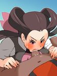  1boy blush boris_(noborhys) bow breast_press brown_hair censored dark_skin dress fellatio gym_leader hair_bow hair_bun looking_up oral pink_eyes pokemon pokemon_(game) pokemon_oras sweat tsutsuji_(pokemon) twintails yuuki_(pokemon) yuuki_(pokemon)_(remake) 