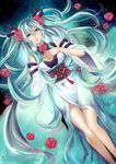  afloat aqua_eyes aqua_hair bad_id bad_pixiv_id breasts cleavage dutch_angle flower hair_flower hair_ornament hand_on_own_chest hatsune_miku large_breasts long_hair looking_at_viewer lying obi on_back parted_lips red_flower red_rose ripples rose sash sleeves_past_wrists smile solo ten-chan_(eternal_s) very_long_hair vocaloid water watermark wide_sleeves 