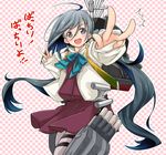  :d ahoge backpack bag blue_hair checkered checkered_background collared_shirt double_v grey_skirt kantai_collection kiyoshimo_(kantai_collection) long_hair long_sleeves looking_at_viewer machinery nikke_(cherish) open_mouth outstretched_arm pantyhose red_skirt shirt simple_background skirt smile solo thigh_strap translation_request twintails v very_long_hair white_shirt 