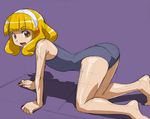  all_fours ass barefoot blonde_hair hairband kise_yayoi looking_at_viewer one-piece_swimsuit open_mouth precure purple_background rohitsuka short_hair simple_background sketch smile_precure! solo swimsuit white_hairband yellow_eyes 