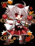 animal_ears chibi chino_(ch_no) detached_sleeves geta hat holding inubashiri_momiji looking_at_viewer open_mouth pom_pom_(clothes) red_eyes ribbon-trimmed_sleeves ribbon_trim short_hair silver_hair solo sword tail tokin_hat touhou weapon wolf_ears wolf_tail 