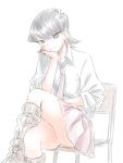  black_eyes black_hair chair chin_rest closed_mouth collared_shirt crossed_legs dress_shirt highres kneehighs komi-san_wa_komyushou_desu komi_shuuko looking_at_viewer loose_socks miniskirt mitsugu necktie on_chair pale_color pink_neckwear pink_skirt pleated_skirt school_uniform shirt short_hair simple_background sitting sketch skirt sleeves_rolled_up smile solo thighs white_background white_shirt wing_collar 