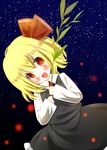 :d blonde_hair blush fang hair_ornament hair_ribbon highres looking_at_viewer open_mouth red_eyes ribbon rumia short_hair sky smile solo star_(sky) starry_sky touhou zefa_(neoaltemice) 