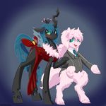  &lt;3 2014 blue_eyes blush changeling clothing couple crown dress duo earth_pony equine female fluffle_puff friendship_is_magic fur green_eyes green_hair hair hobbsmeerkat holes horn horse mammal my_little_pony pink_fur pony queen_chrysalis_(mlp) slit_pupils suit 