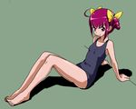  barefoot bow green_background hair_bow hoshizora_miyuki looking_at_viewer one-piece_swimsuit pink_eyes pink_hair precure rohitsuka short_hair sitting smile smile_precure! solo swimsuit 