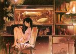  aquarium arowana barefoot black_hair book bookshelf breasts chair cup drinking_glass feet_on_chair fish from_side gemi grey_eyes indoors lamp legs_up looking_at_viewer original plant potted_plant shirt short_sleeves shorts sitting small_breasts solo 