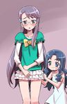  blue_eyes blue_hair blush cosplay embarrassed glasses grin heartcatch_precure! highres isedaichi_ken kurumi_erika kurumi_erika_(cosplay) long_hair multiple_girls open_mouth precure purple_eyes purple_hair skirt smile tsukikage_yuri very_long_hair 