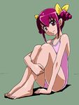  barefoot bow green_background hair_bow hoshizora_miyuki looking_at_viewer lowres one-piece_swimsuit pink_eyes pink_hair pink_swimsuit precure rohitsuka short_hair sitting smile smile_precure! solo swimsuit 