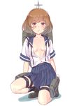  bandaid bandaid_on_face blush breasts brown_eyes brown_hair highres kantai_collection looking_at_viewer machinery no_bra oboro_(kantai_collection) one_knee open_clothes open_shirt school_uniform serafuku shirt short_hair skirt small_breasts solo thigh_strap wa_(genryusui) white_background 