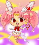  back_bow bad_id bad_pixiv_id bishoujo_senshi_sailor_moon boots bow chibi chibi_usa crystal_carillon heart highres magical_girl multicolored multicolored_clothes multicolored_skirt pink_footwear pink_hair pink_sailor_collar pleated_skirt red_eyes sailor_chibi_moon sailor_collar sailor_senshi_uniform seef skirt solo super_sailor_chibi_moon tiara 