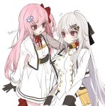  albino character_name commentary_request girls_frontline gloves hair_ornament hair_ribbon hairclip hexagram iws-2000_(girls_frontline) korean_commentary mid_(gameshe) military military_uniform multiple_girls negev_(girls_frontline) pink_hair red_eyes ribbon star_of_david uniform white_hair 