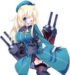  ;d alternate_legwear atago_(kantai_collection) beret black_gloves breasts garter_straps gloves hand_on_own_chest hat huge_breasts kantai_collection long_hair looking_at_viewer machinery one_eye_closed open_mouth simple_background smile solo turret uniform walking white_background zefa_(neoaltemice) 