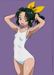  green_eyes green_hair looking_at_viewer midorikawa_nao one-piece_swimsuit open_mouth ponytail precure purple_background rohitsuka short_hair simple_background sketch smile_precure! solo swimsuit white_swimsuit 