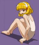  barefoot blonde_hair full_body hairband kise_yayoi looking_at_viewer one-piece_swimsuit open_mouth precure purple_background rohitsuka short_hair simple_background sitting sketch smile_precure! solo swimsuit white_hairband white_swimsuit yellow_eyes 