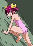  ahoge ass barefoot bow breath green_background hair_bow hoshizora_miyuki looking_at_viewer one-piece_swimsuit pink_eyes pink_hair pink_swimsuit precure rohitsuka short_hair smile_precure! solo sweat swimsuit 