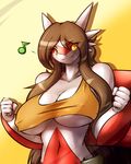  2014 anthro big_breasts blush breasts brown_hair cleavage clothed clothing day-t female hair latias long_hair nintendo nipple_bumps pok&eacute;mon solo tight_clothing video_games yellow_eyes 