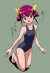  barefoot blush bow green_background hair_bow hoshizora_miyuki looking_at_viewer one-piece_swimsuit open_mouth pink_eyes pink_hair precure rohitsuka short_hair smile_precure! solo swimsuit translation_request 