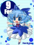  :d ahoge blue_eyes blue_hair bow chibi chino_(ch_no) cirno fang hair_bow hair_ribbon ice ice_wings looking_at_viewer open_mouth outstretched_arms ribbon short_hair smile solo spread_arms touhou wings 