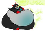  alien belly black_hair blush burping eyewear female gassy glasses grey_skin hair homestuck horn inflation latula_pyrope long_hair navel obese open_mouth overweight plain_background solo teeth troll unknown_artist white_background 