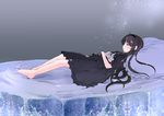  akemi_homura barefoot bed black_hair closed_eyes dress funeral_dress hairband long_hair lying mahou_shoujo_madoka_magica mahou_shoujo_madoka_magica_movie momoko_(palemon) on_back sleeping solo spoilers 