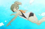  bare_shoulders blush brown_eyes brown_hair i-401_(kantai_collection) kantai_collection looking_at_viewer meeko one-piece_swimsuit open_mouth ponytail sailor_collar school_swimsuit school_uniform short_hair short_ponytail smile solo swimsuit tan underwater 