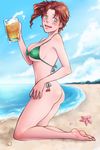 barefoot beach beer_mug bikini blush cup day drunk genderswap genderswap_(mtf) green_eyes hentaimaturi holding holding_cup jojo_no_kimyou_na_bouken kakyouin_noriaki kneeling red_hair solo starfish swimsuit 