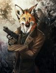  2014 canine cross fur gun jacket mammal maned_wolf necklace orange_fur pistol ranged_weapon solo tatchit weapon yellow_eyes 