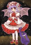  adapted_costume alternate_costume ascot bat_wings chino_(ch_no) full_body hat highres holding lolita_fashion looking_at_viewer mob_cap purple_hair red_eyes remilia_scarlet short_hair solo standing stuffed_animal stuffed_bunny stuffed_toy touhou traditional_media wings 