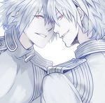  alpha_(dramatical_murder) android brothers dramatical_murder hiki_yuichi male_focus multiple_boys pink_eyes siblings smile spoilers twins white_hair 