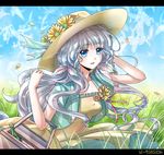  bad_id bad_pixiv_id basket blue_eyes day dress flower friedric88 hat long_hair original silver_hair sky solo sunflower 