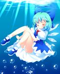  blue_hair bow bubble cirno closed_eyes facing_viewer hair_bow hair_ribbon highres ice ice_wings mary_janes ribbon shoes short_hair smile solo submerged touhou underwater wings zefa_(neoaltemice) 