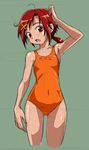  blush covered_navel cropped_legs green_background hino_akane_(smile_precure!) looking_at_viewer one-piece_swimsuit open_mouth orange_swimsuit precure red_eyes red_hair rohitsuka short_hair sketch smile_precure! solo swimsuit 