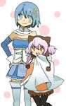  :d armband bad_id bad_pixiv_id blue_eyes blue_hair cape child gloves hair_ornament hairclip hat height_difference highres magical_girl mahou_shoujo_madoka_magica mahou_shoujo_madoka_magica_movie miki_sayaka momoe_nagisa multiple_girls open_mouth pantyhose short_hair silphy112 smile thighhighs two_side_up white_hair yellow_eyes zettai_ryouiki 