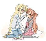  2girls artist_request blonde_hair blush brown_hair candy couple eyes_closed fate_testarossa feeding female food hair_ornament kneeling long_hair looking_at_another lyrical_nanoha mahou_senki_lyrical_nanoha_force mahou_shoujo_lyrical_nanoha mahou_shoujo_lyrical_nanoha_strikers mahou_shoujo_lyrical_nanoha_vivid multiple_girls open_mouth pillow ponytail red_eyes sitting sketch takamachi_nanoha very_long_hair yakisoba_(ya_kiso_ba) yuri 