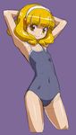 armpits arms_behind_head blonde_hair competition_school_swimsuit hairband kise_yayoi looking_at_viewer one-piece_swimsuit precure purple_background rohitsuka short_hair simple_background sketch smile smile_precure! solo swimsuit white_hairband yellow_eyes 