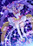  arm_up armpits bare_shoulders blue_eyes bow detached_sleeves dress glowing hair_bow highres idol looking_at_viewer manaka_lala microphone open_mouth panties pretty_(series) pripara purple_hair rainbow smile solo striped striped_legwear striped_panties suzume_inui thighhighs twintails underwear upskirt 