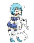  1girl armband blue_hair cape chibi fang geso_(son-son-son912) gloves hair_ornament hairclip holding kyubey magical_girl mahou_shoujo_madoka_magica mahou_shoujo_madoka_magica_movie miki_sayaka short_hair simple_background slit_pupils thighhighs white_background zettai_ryouiki 