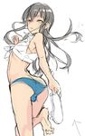  androgynous ass bad_id bad_pixiv_id barefoot bikini_top black_hair blush bulge coin_rand covered_nipples crossdressing from_behind long_hair looking_back male_focus midriff original otoko_no_ko sandals_removed shirt sketch solo tied_shirt white_background work_in_progress 
