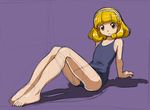  barefoot blonde_hair full_body hairband kise_yayoi looking_at_viewer one-piece_swimsuit precure purple_background rohitsuka short_hair simple_background sitting sketch smile_precure! solo swimsuit white_hairband yellow_eyes 