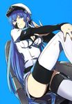  akame_ga_kill! blue_hair boots breasts cleavage esdeath hat highres long_hair looking_at_viewer medium_breasts sitting smile solo thigh_boots thighhighs very_long_hair 