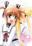  2girls artist_request blonde_hair blue_eyes brown_hair couple fate_testarossa female hair_ornament happy heart long_hair looking_at_another lyrical_nanoha mahou_shoujo_lyrical_nanoha mahou_shoujo_lyrical_nanoha_a&#039;s mahou_shoujo_lyrical_nanoha_a's multiple_girls open_mouth pigtails red_eyes school_uniform short_hair short_twintails simple_background smile sumeragi_kou takamachi_nanoha twintails uniform yuri 
