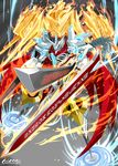  cape claws digimon dual_wielding fire flame flaming_sword glowing holding horn horns jesmon magic_circle monster multiple_swords no_humans shikapu signature solo spikes sword tail weapon 