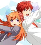  1girl back-to-back bow gekkan_shoujo_nozaki-kun hair_bow looking_at_another mikoshiba_mikoto open_mouth orange_hair otton polka_dot polka_dot_bow purple_eyes red_eyes red_hair sakura_chiyo smile 