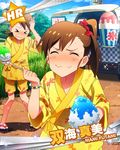  &gt;_&lt; blush bracelet brain_freeze brown_hair character_name closed_eyes food futami_ami futami_mami idolmaster idolmaster_(classic) idolmaster_million_live! jewelry jpeg_artifacts multiple_girls official_art shaved_ice side_ponytail 