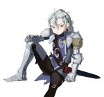  1girl armor belt chainmail gauntlets greaves hand_rest leg_up leggings mabera orange_eyes original pants pauldrons sabaton scabbard sheath sitting solo sweat tabard torn_clothes torn_pants wet wet_hair white_background white_hair 