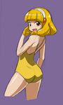  ass blonde_hair hairband kise_yayoi looking_at_viewer one-piece_swimsuit open_mouth precure purple_background rohitsuka short_hair simple_background sketch smile smile_precure! solo swimsuit white_hairband yellow_eyes yellow_swimsuit 