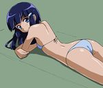  aoki_reika ass bikini blue_bikini blue_eyes blue_hair green_background hair_ornament hairclip long_hair looking_at_viewer lying on_stomach precure rohitsuka smile smile_precure! solo swimsuit 