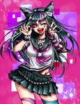  barbell_piercing black_hair blue_hair danganronpa gloves jewelry lip_piercing long_hair mioda_ibuki necklace piercing pink_eyes pink_hair school_uniform serafuku single_glove solo super_danganronpa_2 tarochan_(sss-taro) thighhighs thumb_ring torn_clothes torn_legwear v white_hair wristband 