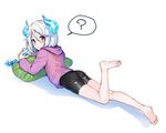  ? ass bad_id bad_pixiv_id barefoot bike_shorts blush erubo full_body hair_between_eyes hood hoodie horn horns lying male_focus original otoko_no_ko pillow red_eyes silver_hair simple_background solo spoken_question_mark white_background yuran_(erubo) 